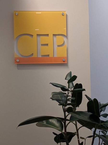 Center for Effective Philanthropy logo on a wall of the CEP headquarters in Boston